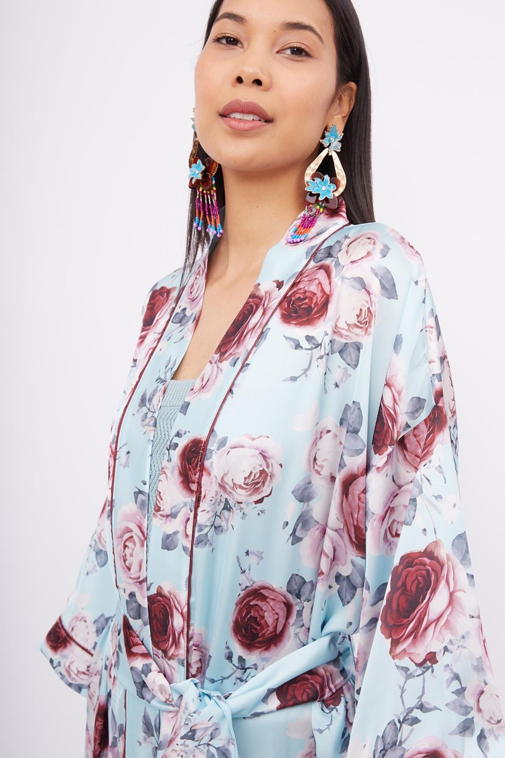 Peraluna ROSEMARY LONG KIMONO Baskılı Saten Kadın Uzun Kimono - Turkuaz görsel 4