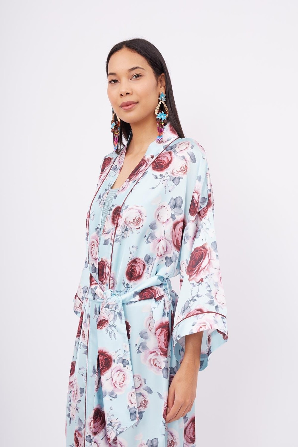 Peraluna ROSEMARY LONG KIMONO Baskılı Saten Kadın Uzun Kimono - Turkuaz görsel 5