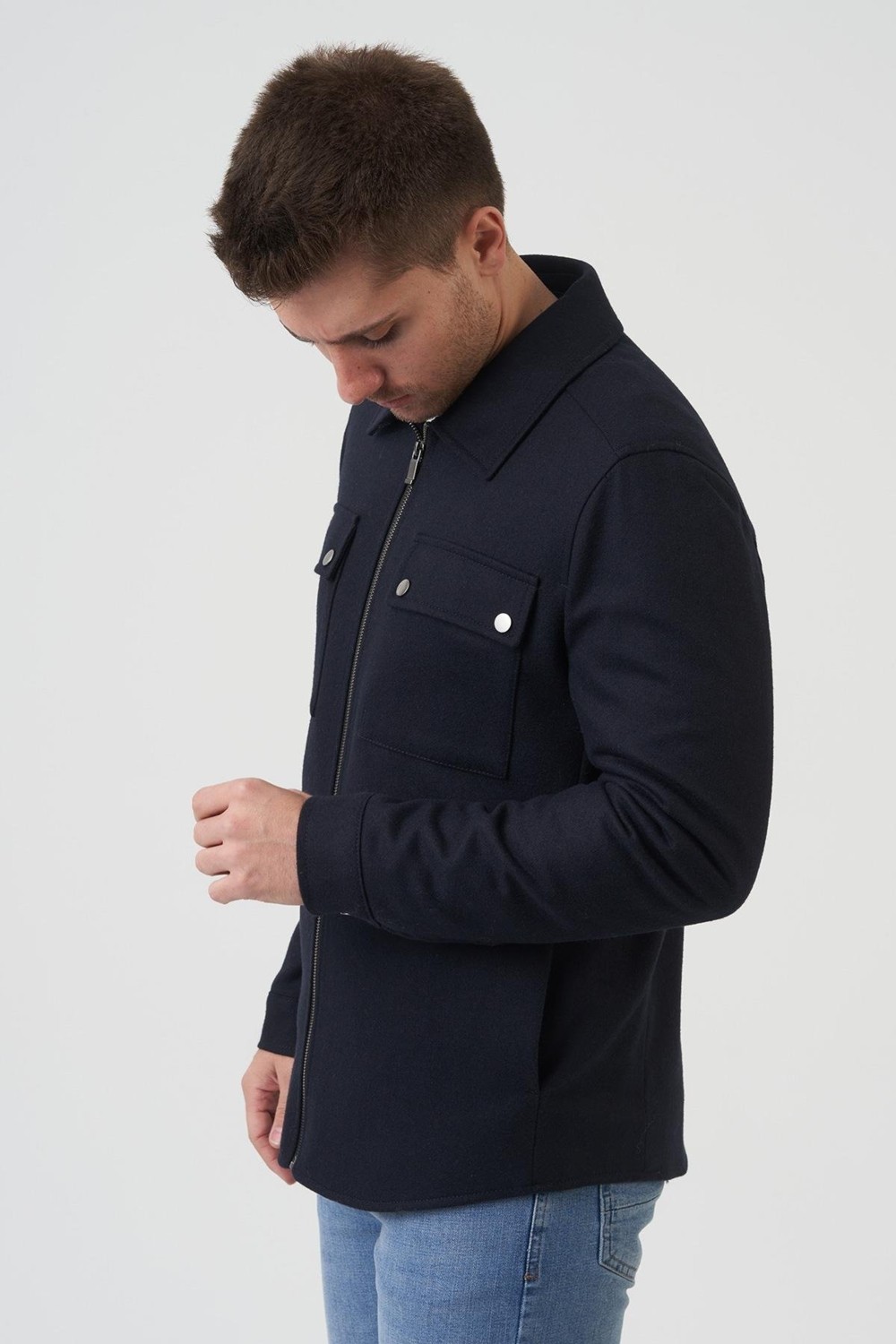 White Stone Lacivert Slim Fit Fermuarlı İki Cepli Sıcak Tutan Mont görsel 3