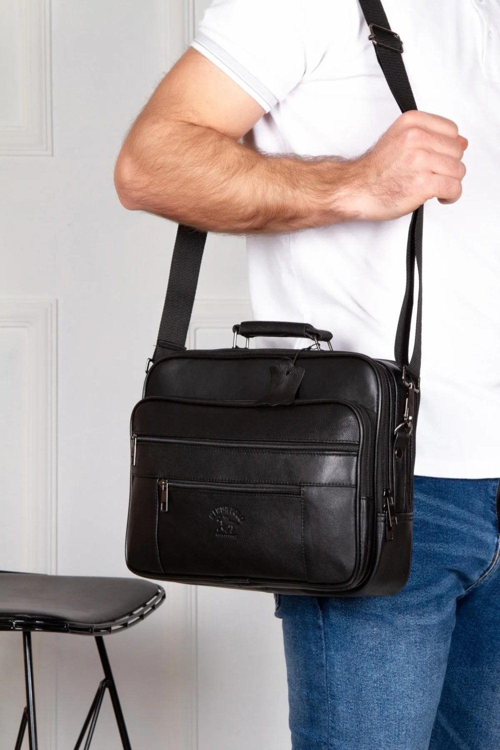 Newish Polo Deri Erkek Omuz ve El Çantası Battal Boy - Siyah Çelik Kasalı Ergonomik Tasarım newpolo147