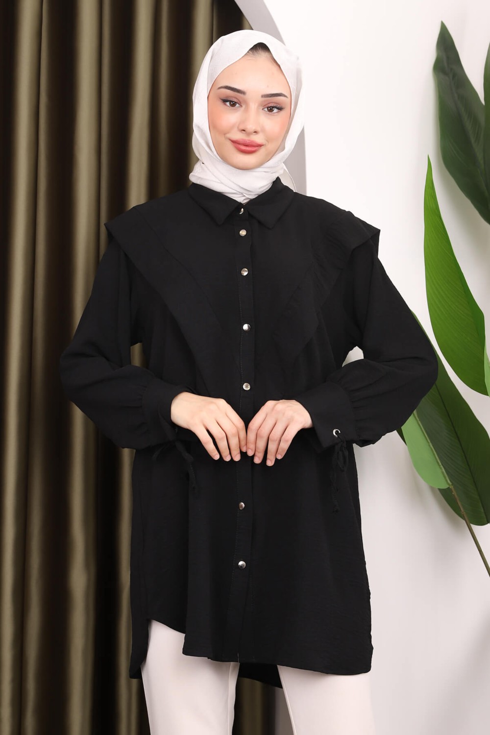 İmaj Butik Ekru Ön Detaylı Kol Bağlamalı Tunik