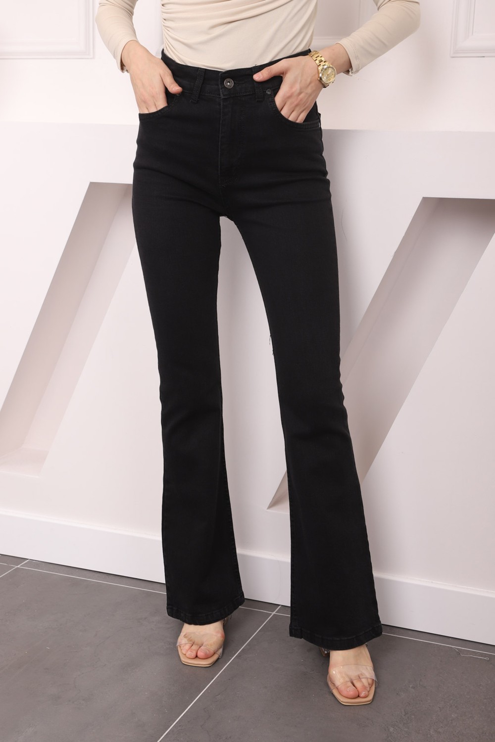 İmaj Butik Füme Yüksek Bel İspanyol Paça Jeans Pantolon görsel 6