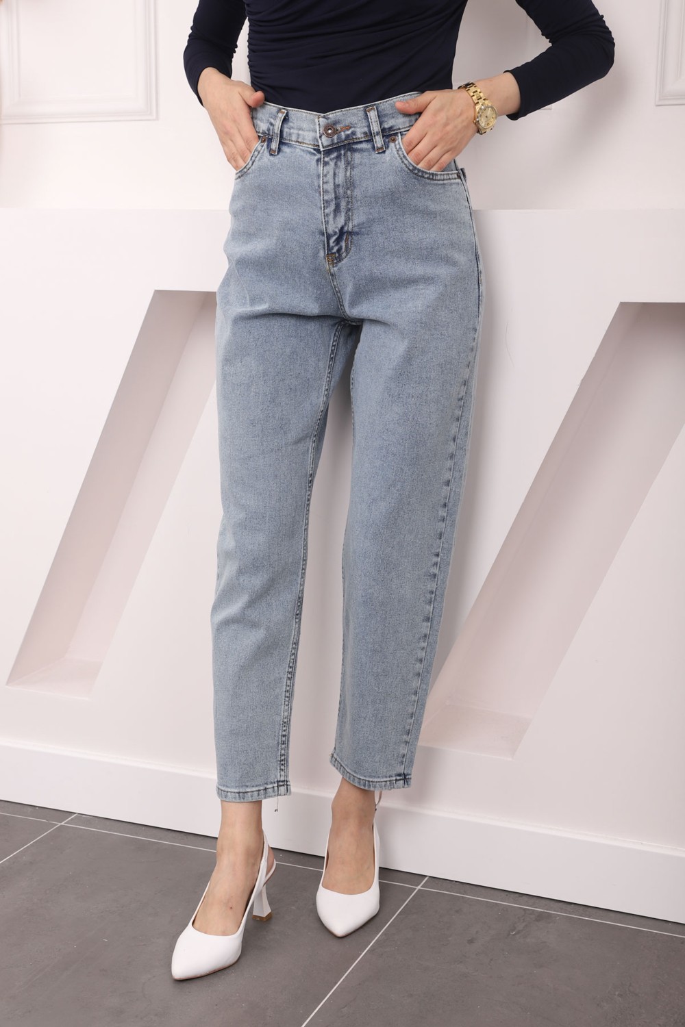 İmaj Butik Koyu Mavi Yüksek Bel Mom Jeans Pantolon