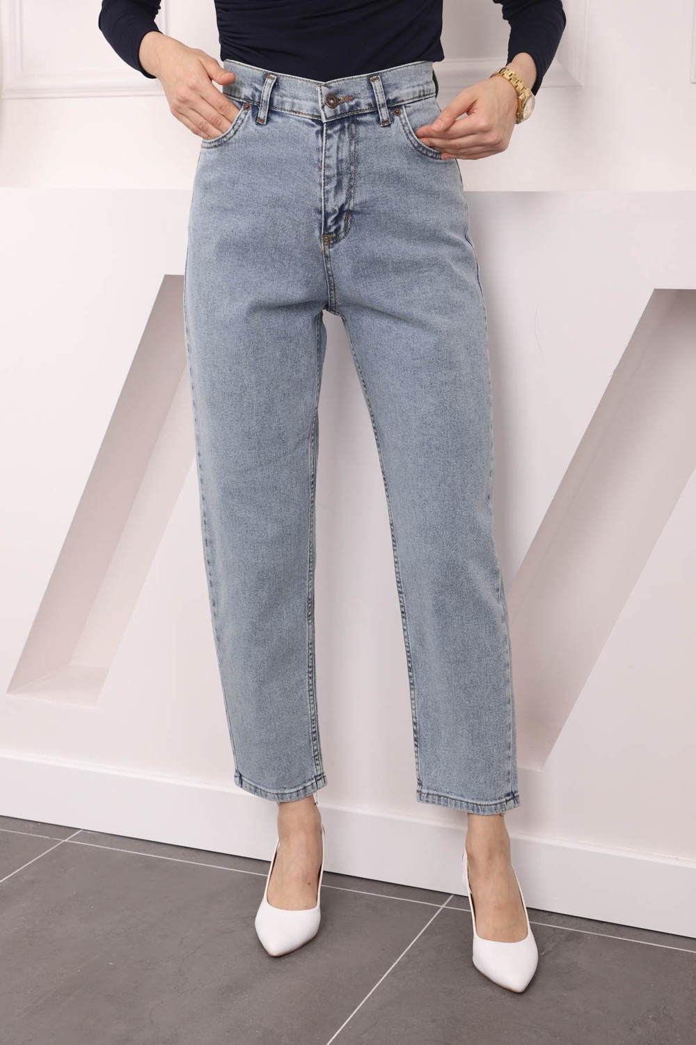 İmaj Butik Koyu Mavi Yüksek Bel Mom Jeans Pantolon görsel 2