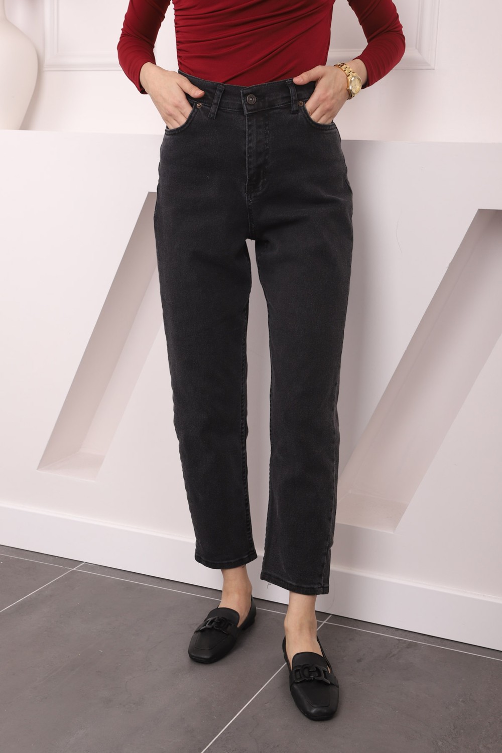 İmaj Butik Koyu Mavi Yüksek Bel Mom Jeans Pantolon görsel 5
