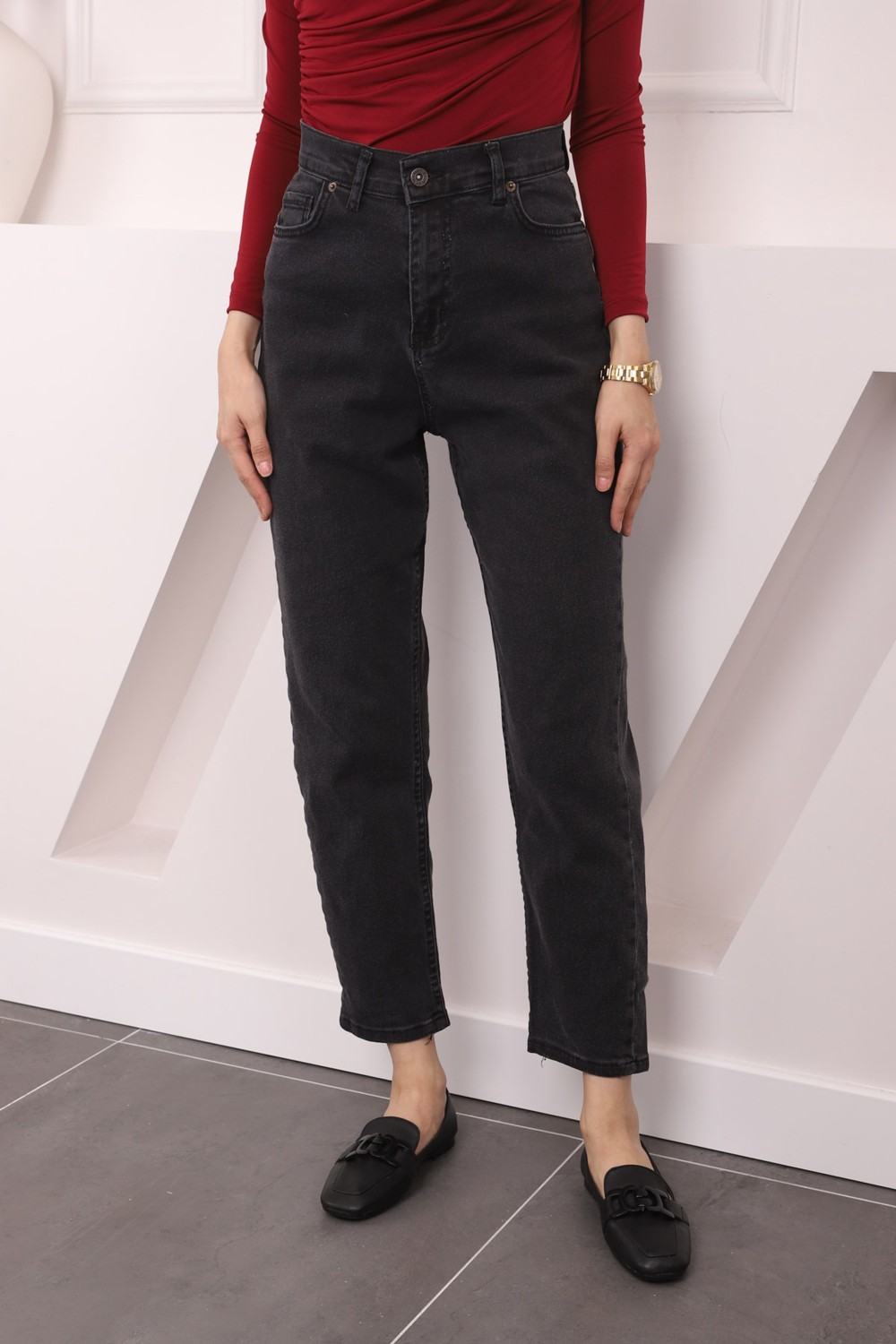 İmaj Butik Koyu Mavi Yüksek Bel Mom Jeans Pantolon görsel 6