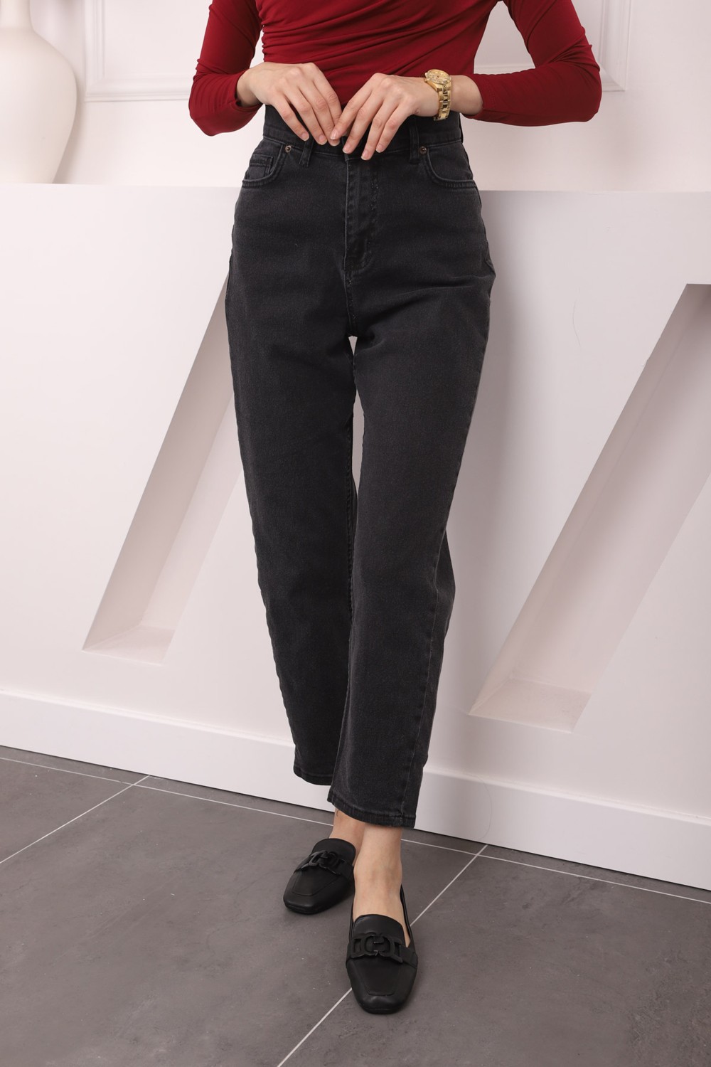 İmaj Butik Koyu Mavi Yüksek Bel Mom Jeans Pantolon görsel 7