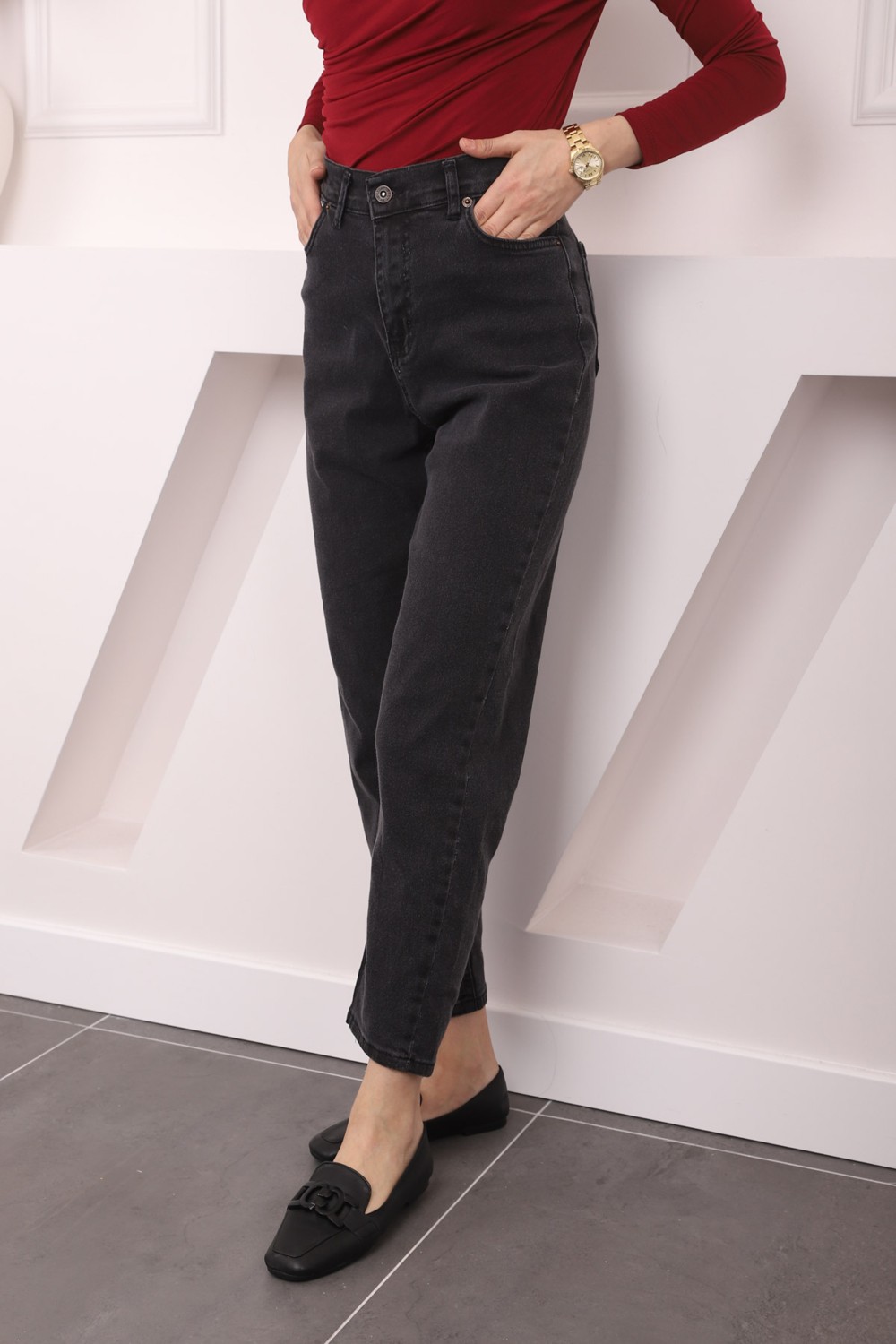 İmaj Butik Koyu Mavi Yüksek Bel Mom Jeans Pantolon görsel 8