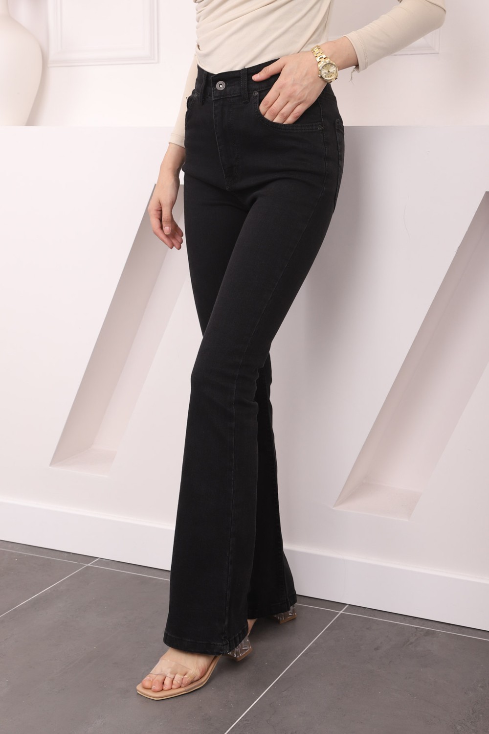 İmaj Butik Füme Yüksek Bel İspanyol Paça Jeans Pantolon görsel 3