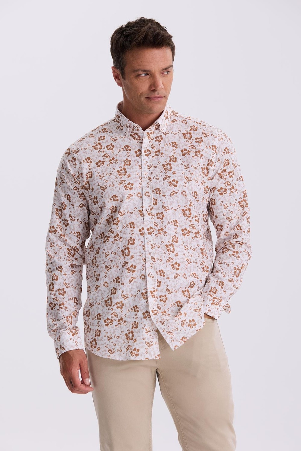 Jakamen Yeşil Çiçek Desenli Yaka Düğmeli Comfort Fit Gömlek