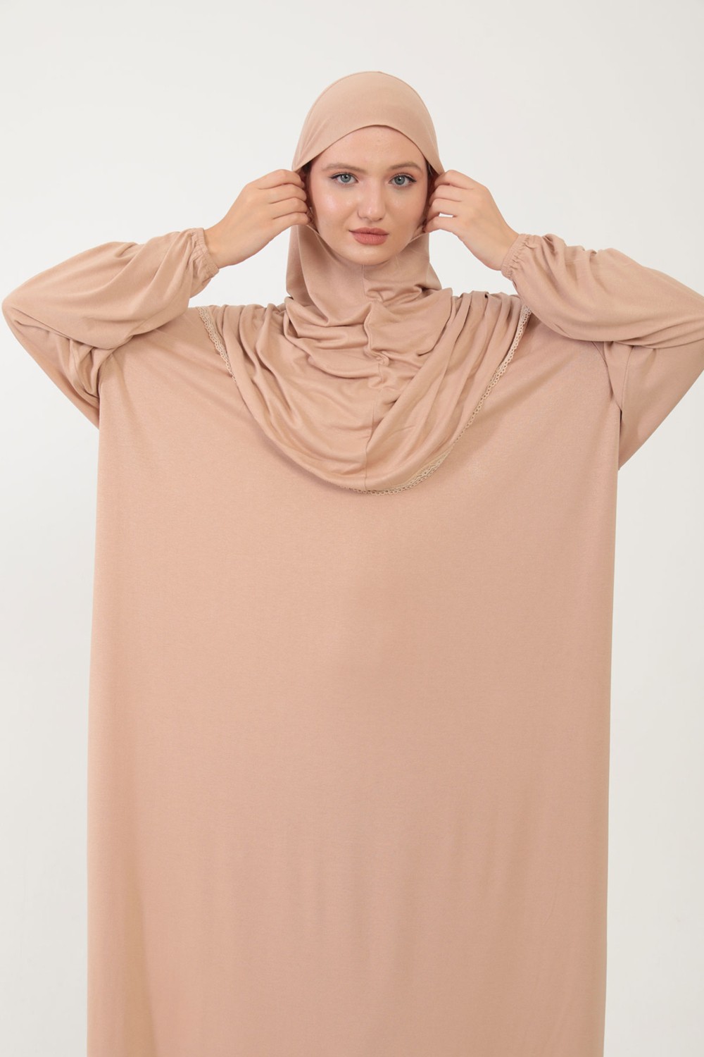 Sonbahar Moda Kadın Tesettür Pamuklu Başörtülü Namaz Elbisesi Dantelli Tek Parça Penye Kumaş Yeşil görsel 7
