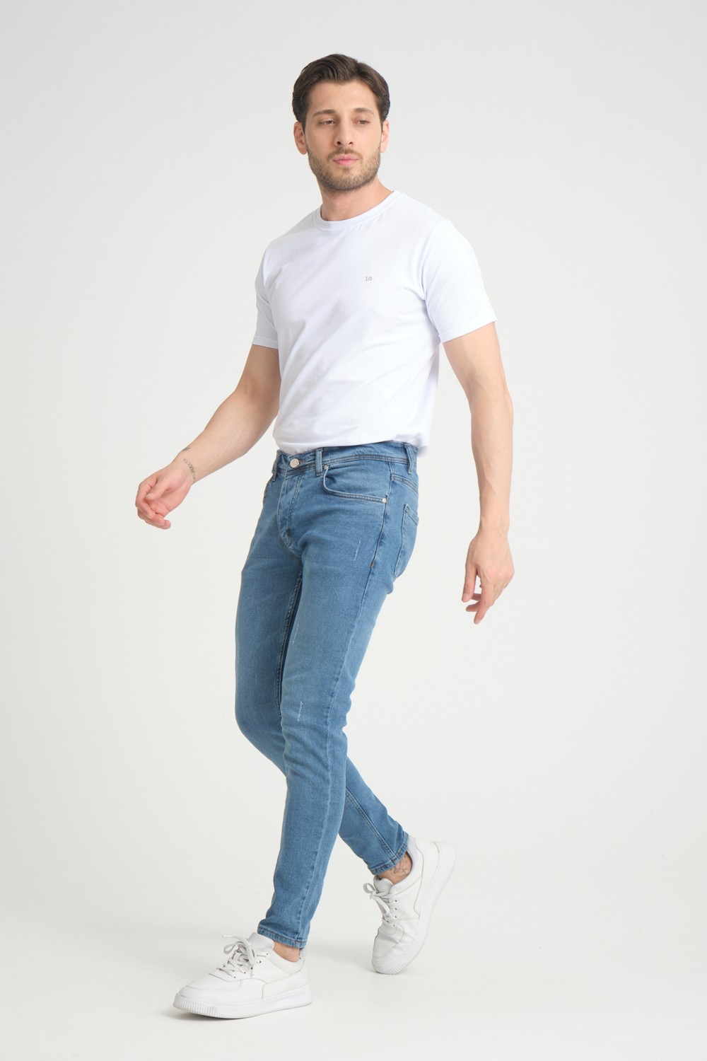 OneZero Erkek Orta Mavi Destroy Skinny Fit Pantolon görsel 4
