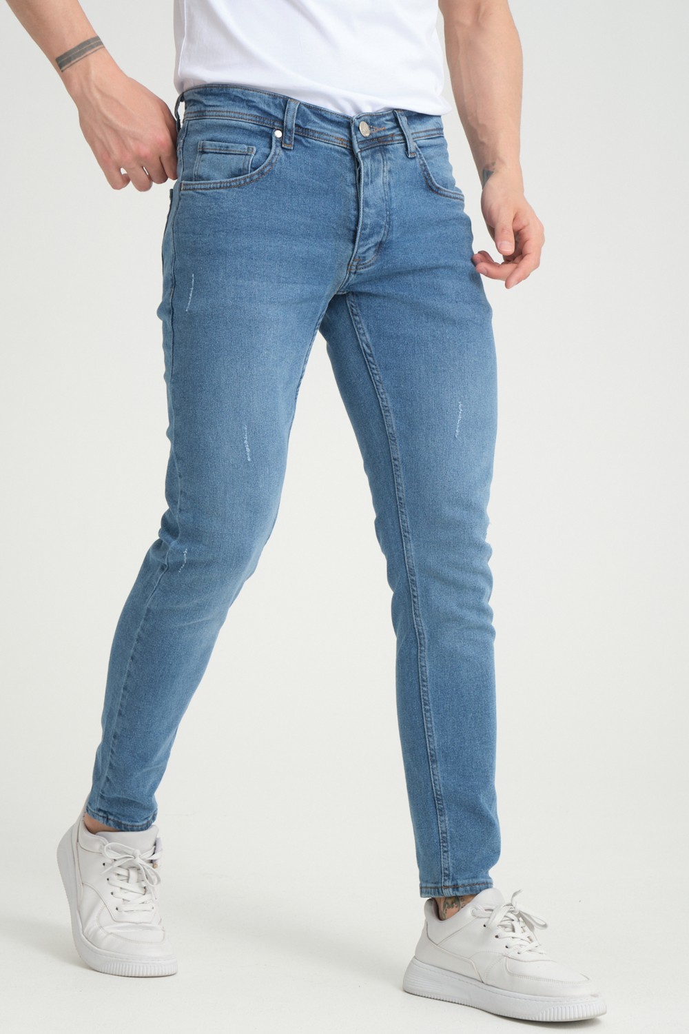 OneZero Erkek Orta Mavi Destroy Skinny Fit Pantolon görsel 6