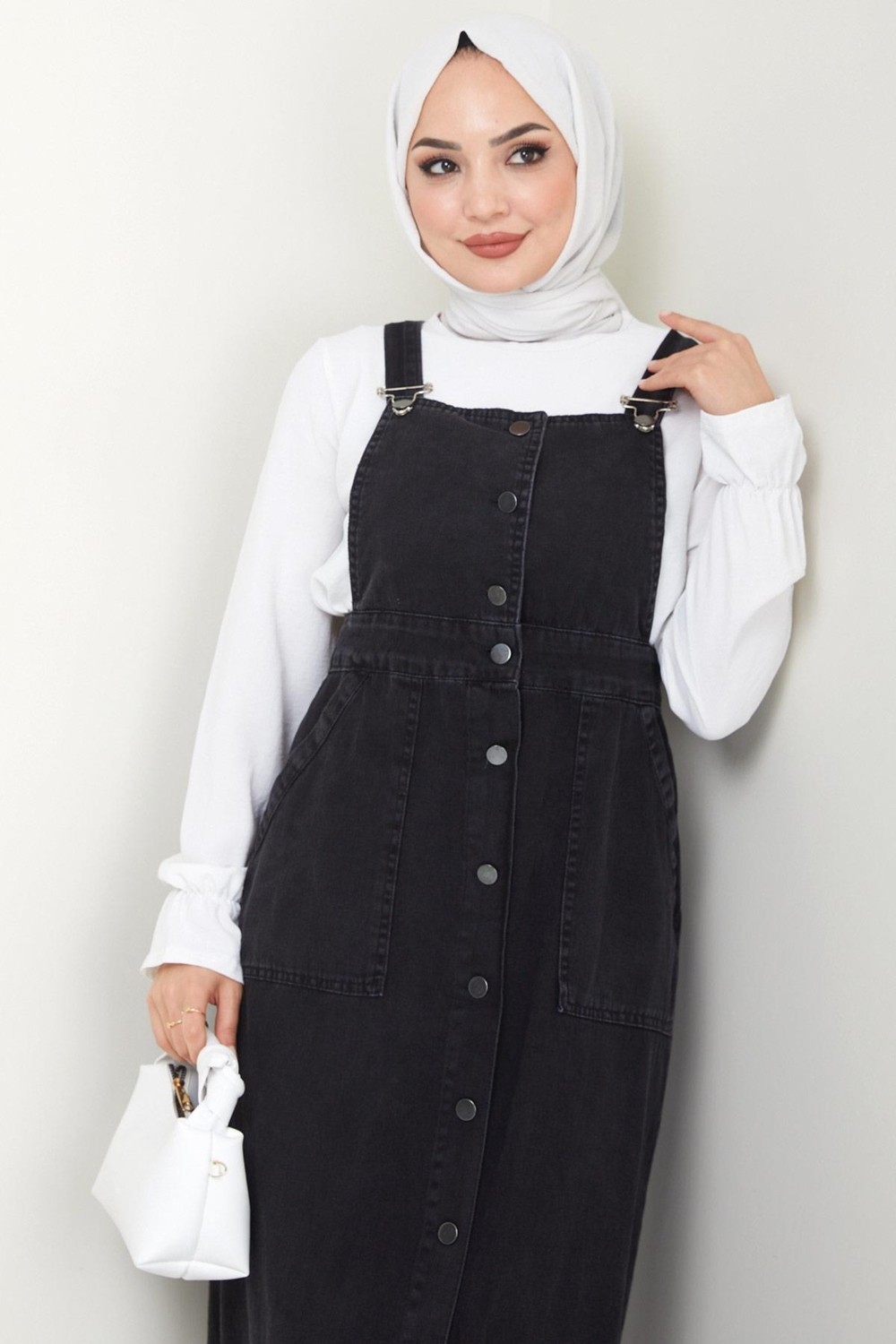Hafsa Mina Düğmeli Kot Salopet Elbise Siyah HM22456 görsel 4