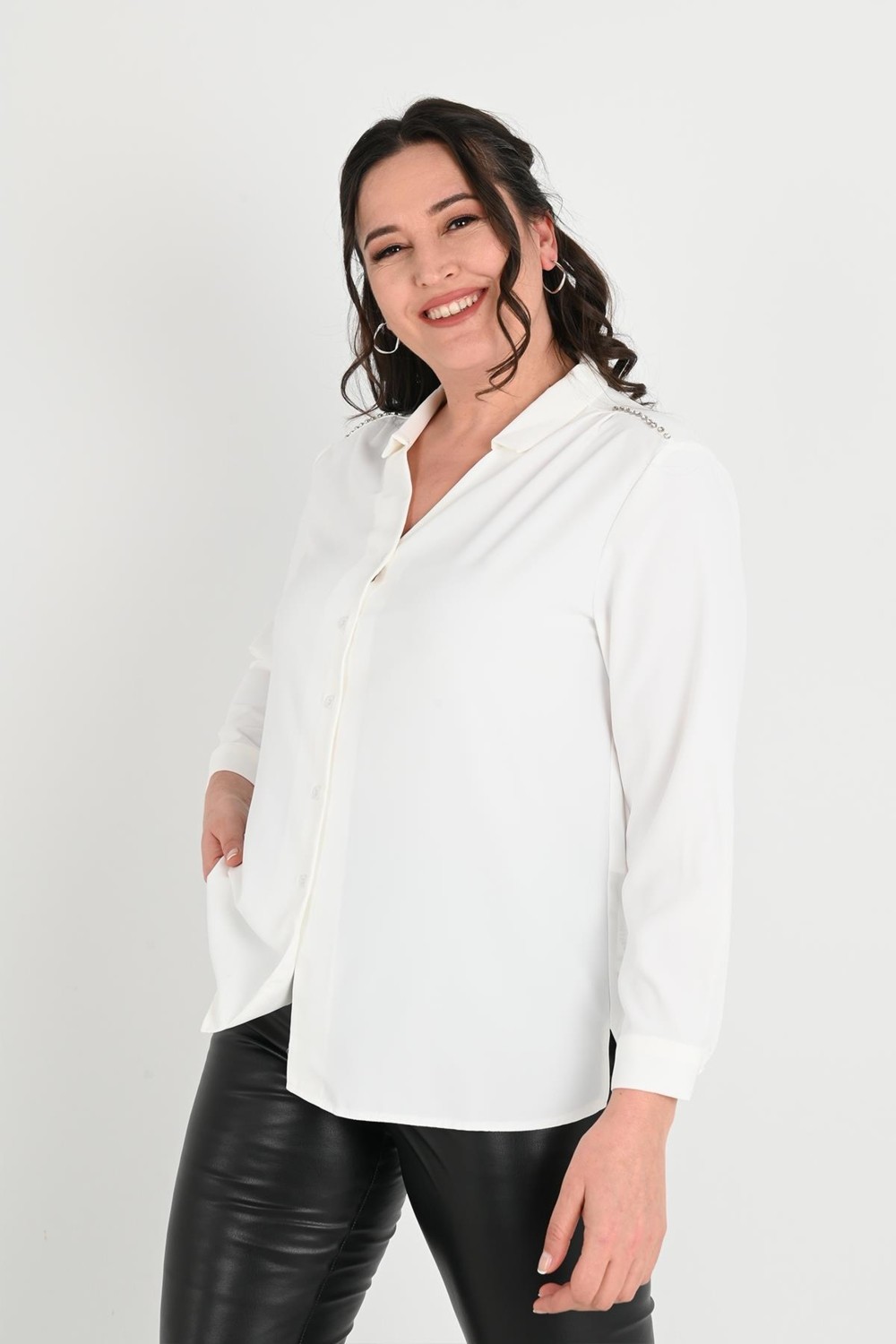 Moda Xlarge Kadın Büyük Beden Omuz Taş Detaylı Gömlek 1687-24 görsel 5