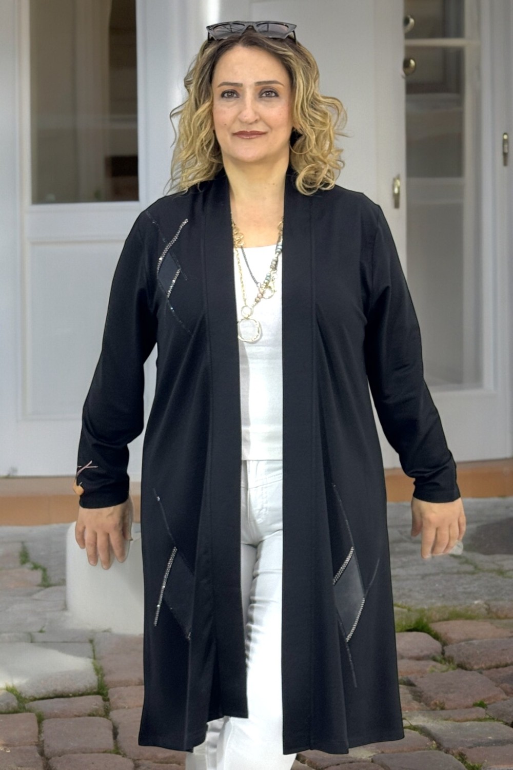 Yagmur Beren Taş Işlemeli Deri Garnili Şal Yaka Büyük Beden 3 Iplik Kap Ceket görsel 2