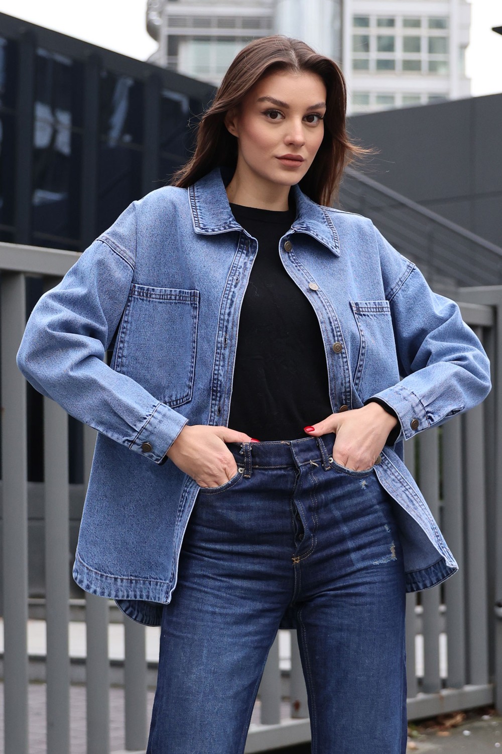 Bigdart Çift Cepli Oversize Denim Ceket Kadın 100% Pamuk Lacivert Renkli Şık Tasarım