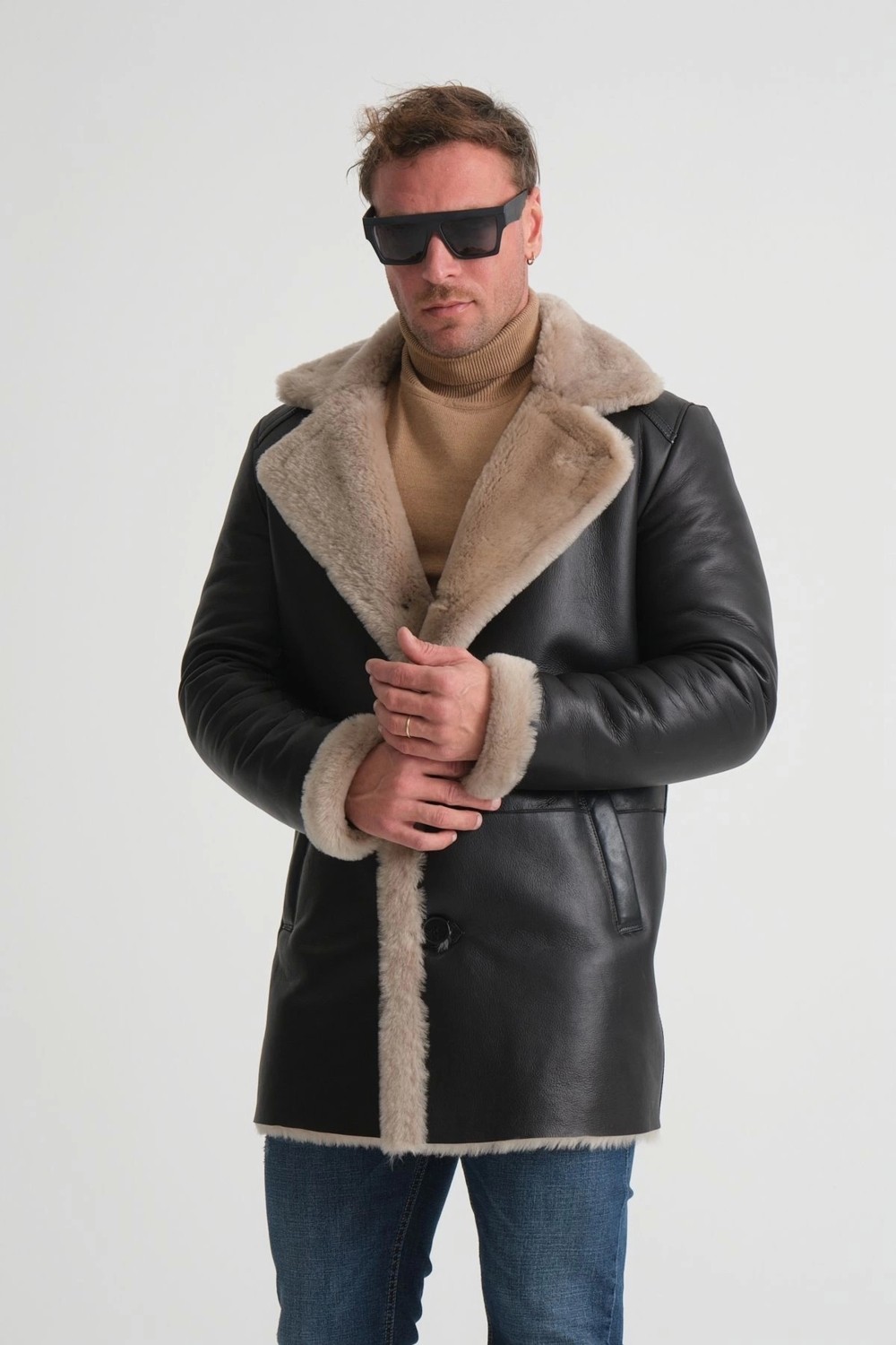 By Marki Marki Lüks Erkek Deri Kaban, 90 cm Uzunluk, Hakiki Kürk Yaka, Premium Siyah Dış Yüzey - 500522