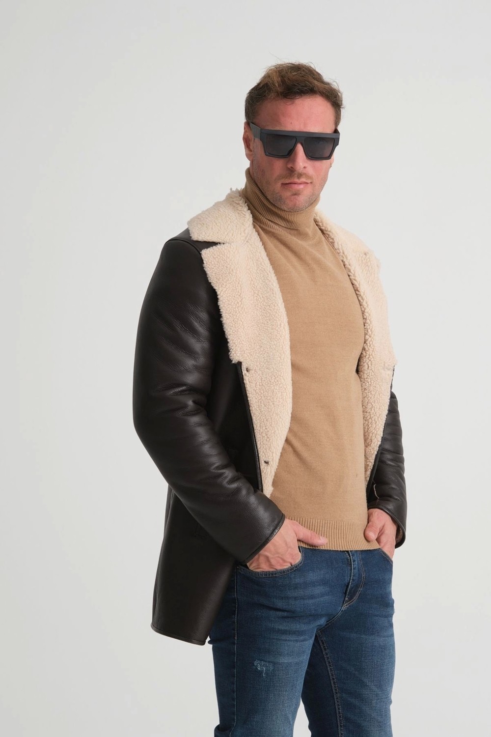 By Marki Marki Hakiki Deri Kaban, Erkek Içi Kürklü Kaban, 90 cm Uzun Kaban Hakiki Kürk Yaka, Premium Siyah görsel 4