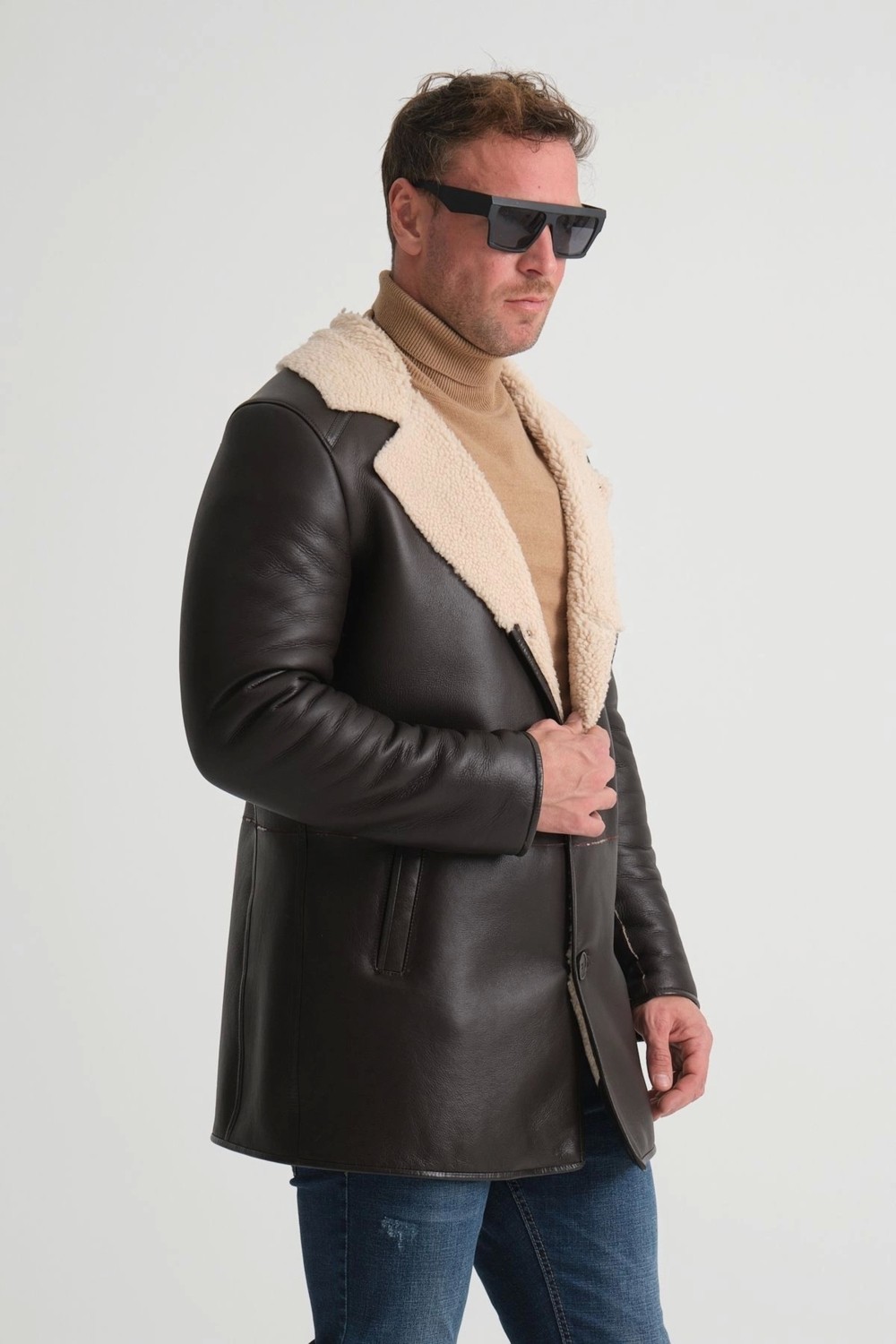 By Marki Marki Hakiki Deri Kaban, Erkek Içi Kürklü Kaban, 90 cm Uzun Kaban Hakiki Kürk Yaka, Premium Siyah görsel 5