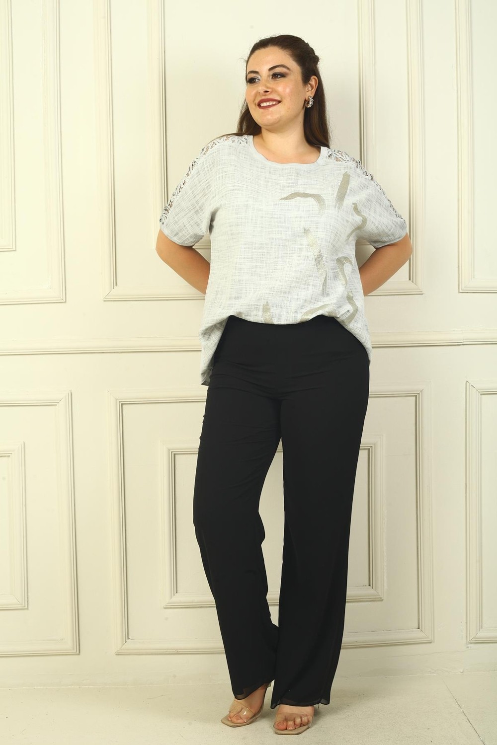By Saygı Beli Lastikli Astarlı Büyük Beden Şifon Pantolon görsel 3