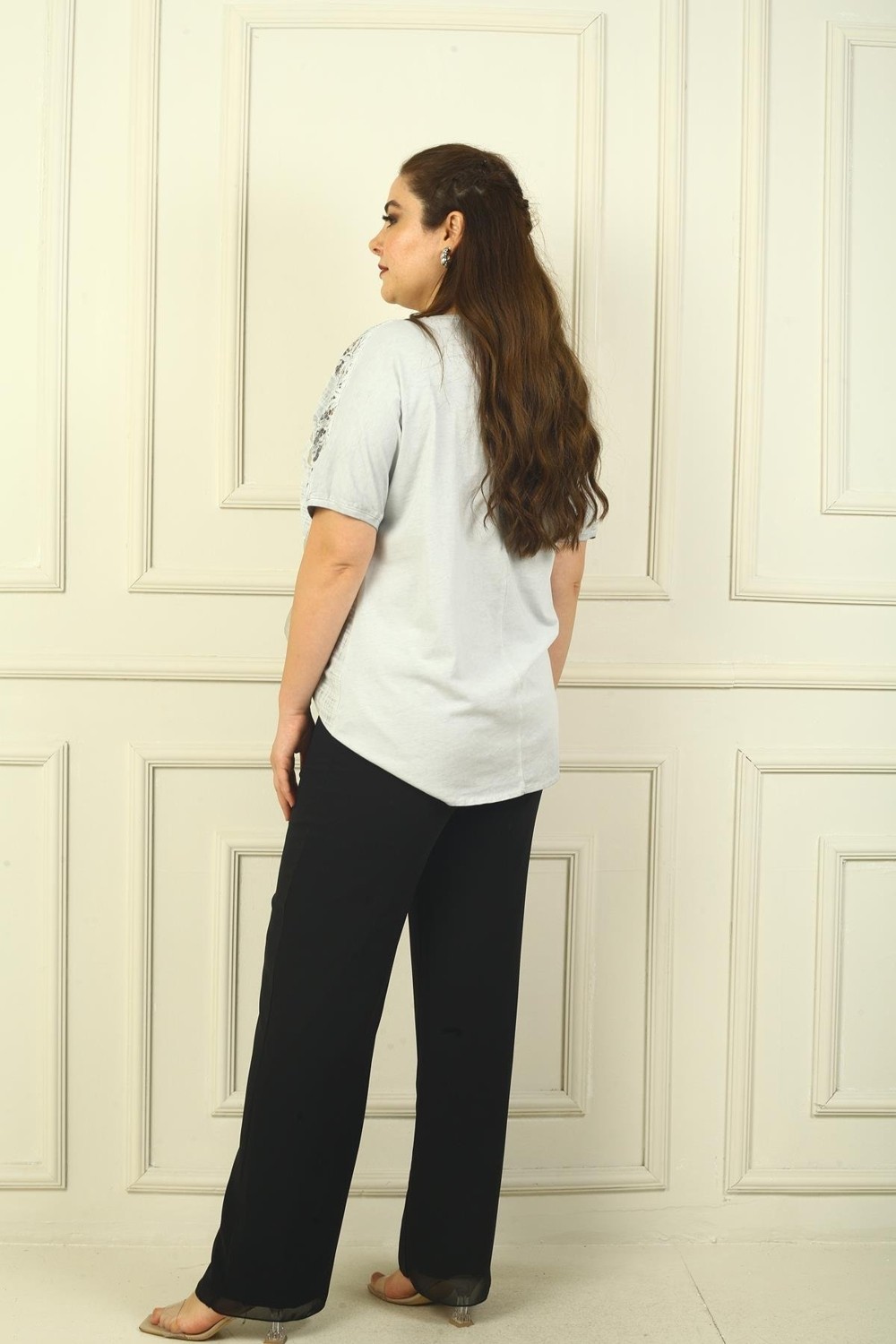 By Saygı Beli Lastikli Astarlı Büyük Beden Şifon Pantolon görsel 4