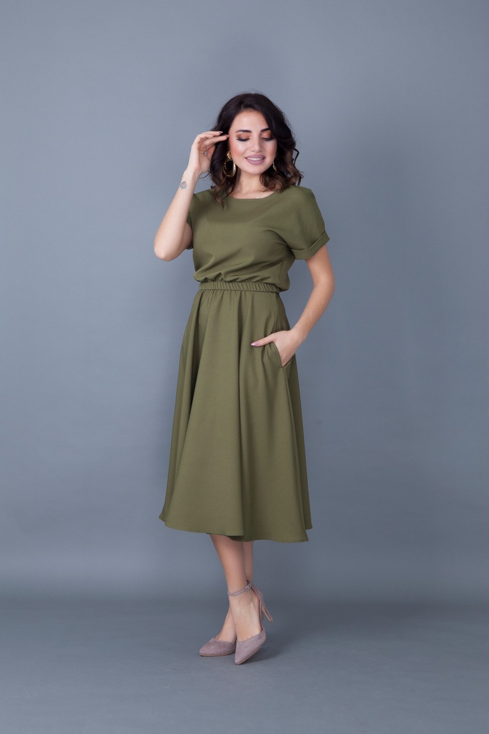 No48 Lacivert Beli Lastikli Cepli Yarasa Kol Midi Boy Elbise