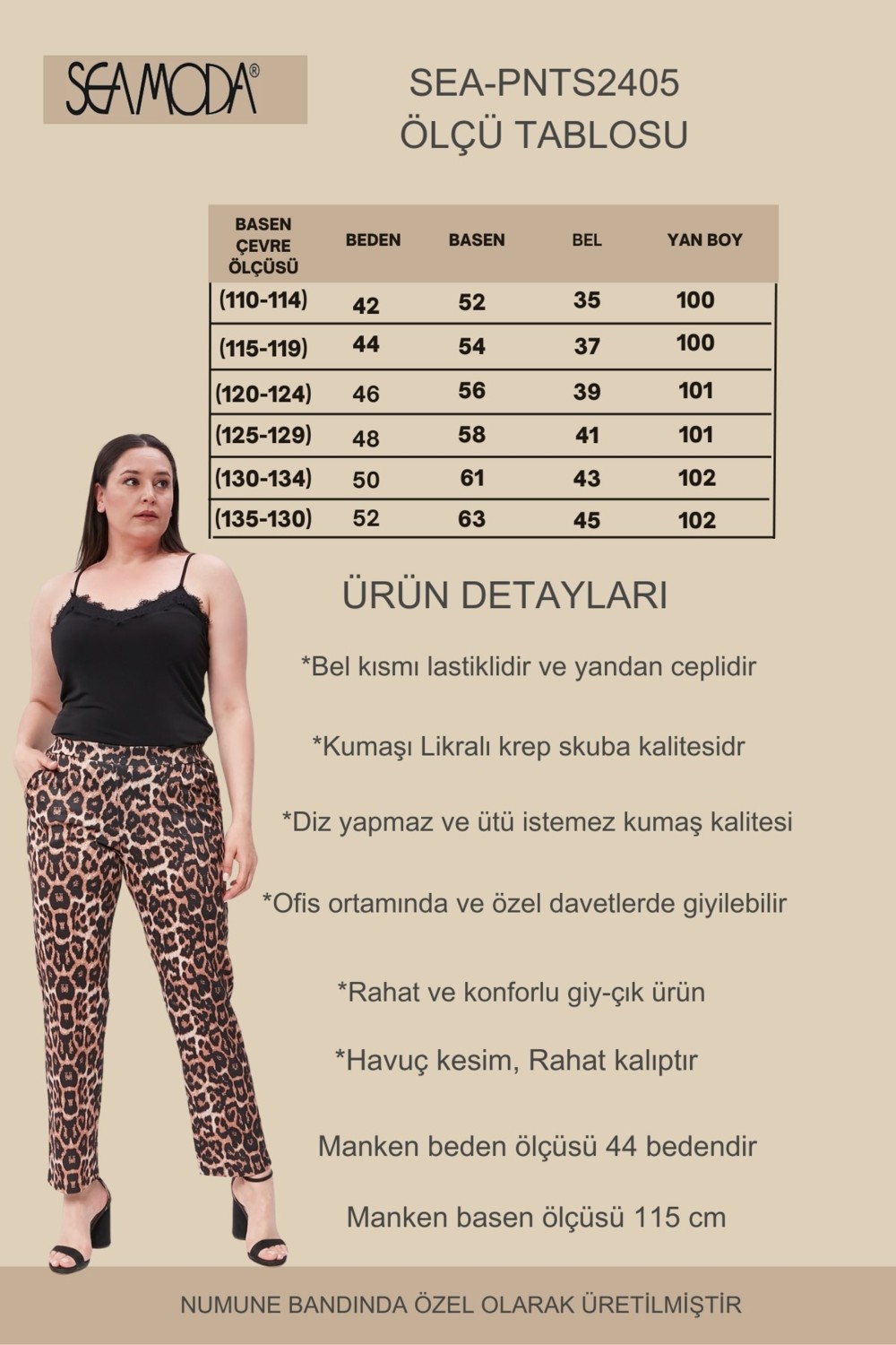 Sea Moda Büyük Beden Leopar Desen Beli Lastikli Cepli Krep Skuba Havuç Kesim Zarif Pantolon-Kahve görsel 2