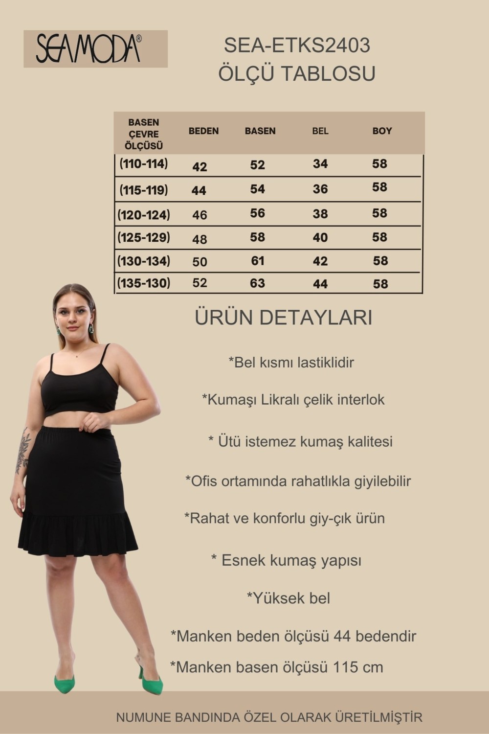 Sea Moda Büyük Beden Beli Lastikli Fırfırlı Likralı Konfor Siyah Etek görsel 2