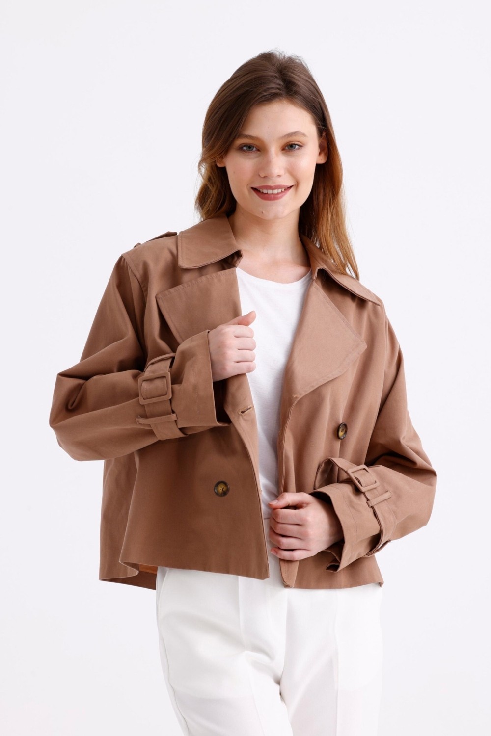 Pastelastore %100 Pamuk Gabardin Astarlı Oversize Geniş Kalıp Kadın Crop Kısa Trençkot 1122