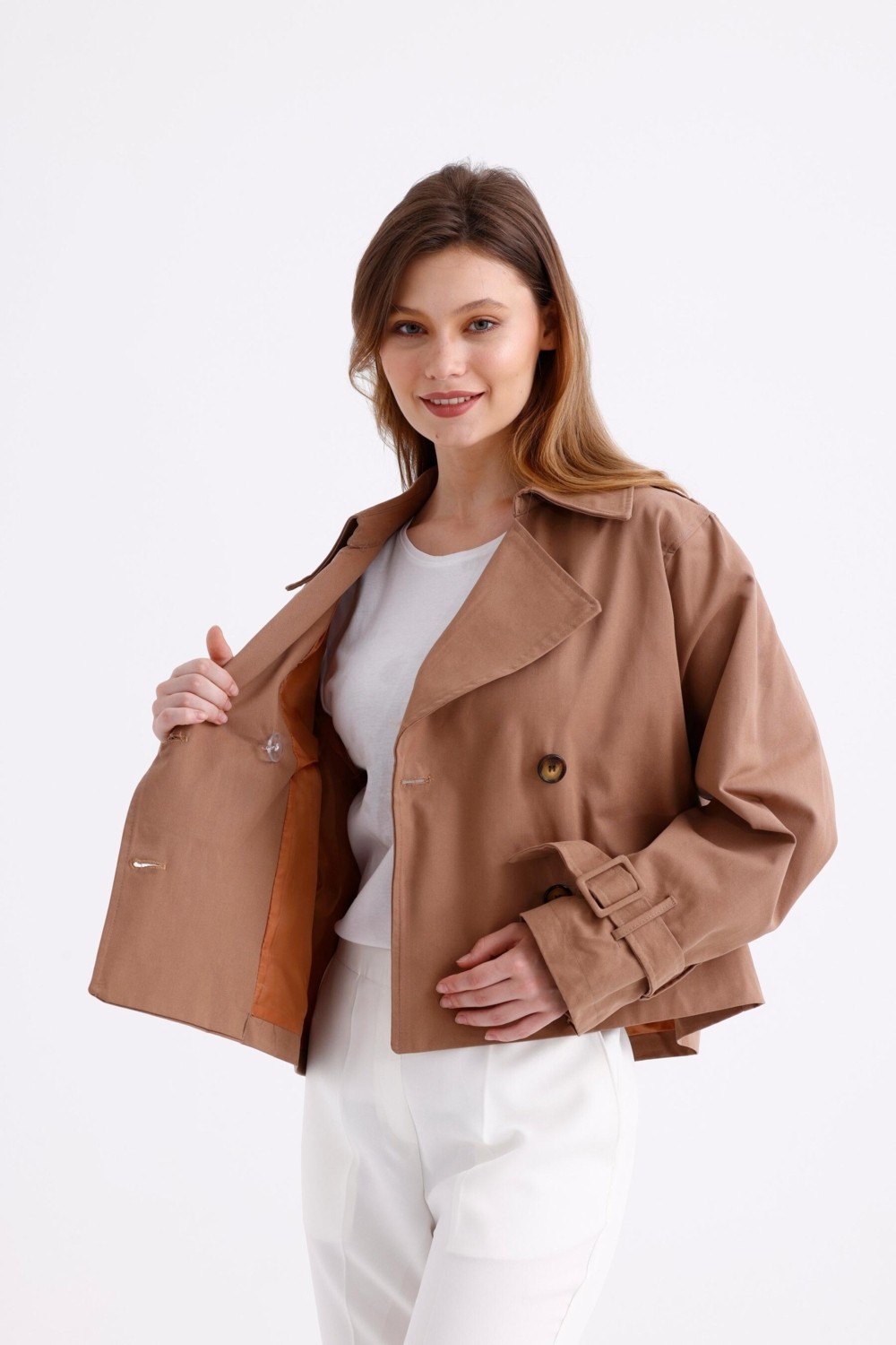 Pastelastore %100 Pamuk Gabardin Astarlı Oversize Geniş Kalıp Kadın Crop Kısa Trençkot 1122 görsel 2