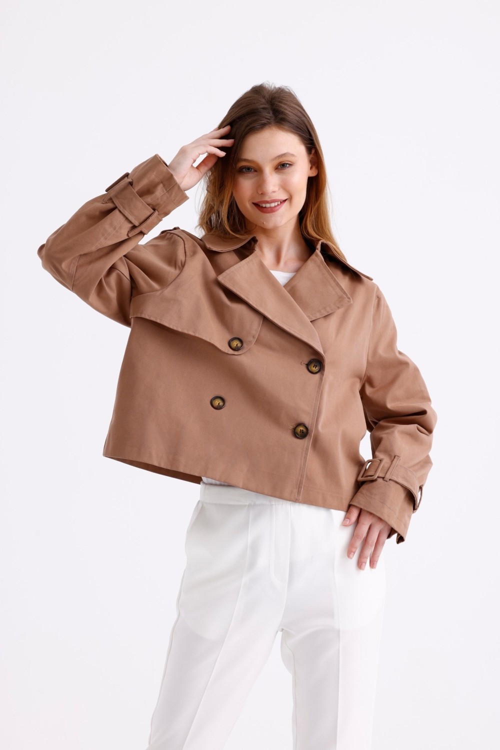Pastelastore %100 Pamuk Gabardin Astarlı Oversize Geniş Kalıp Kadın Crop Kısa Trençkot 1122 görsel 3