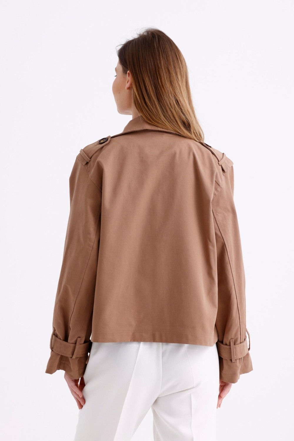 Pastelastore %100 Pamuk Gabardin Astarlı Oversize Geniş Kalıp Kadın Crop Kısa Trençkot 1122 görsel 4
