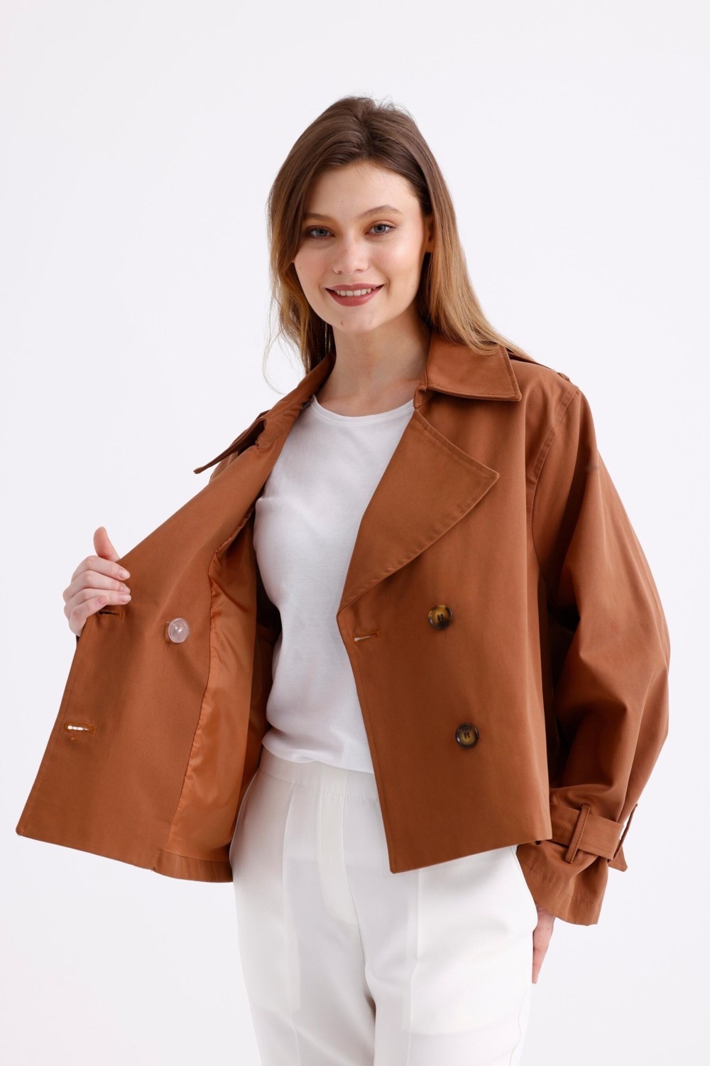 Pastelastore %100 Pamuk Gabardin Astarlı Oversize Geniş Kalıp Kadın Crop Kısa Trençkot 1122