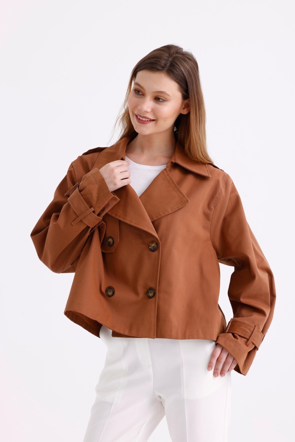 Pastelastore %100 Pamuk Gabardin Astarlı Oversize Geniş Kalıp Kadın Crop Kısa Trençkot 1122 görsel 7