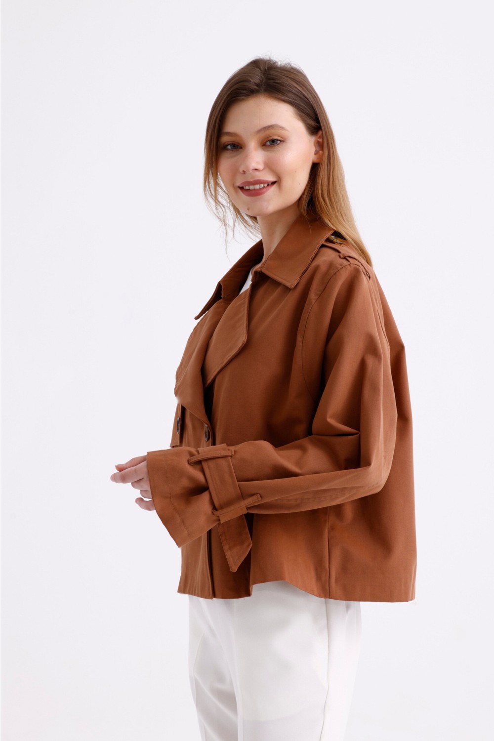 Pastelastore %100 Pamuk Gabardin Astarlı Oversize Geniş Kalıp Kadın Crop Kısa Trençkot 1122 görsel 8