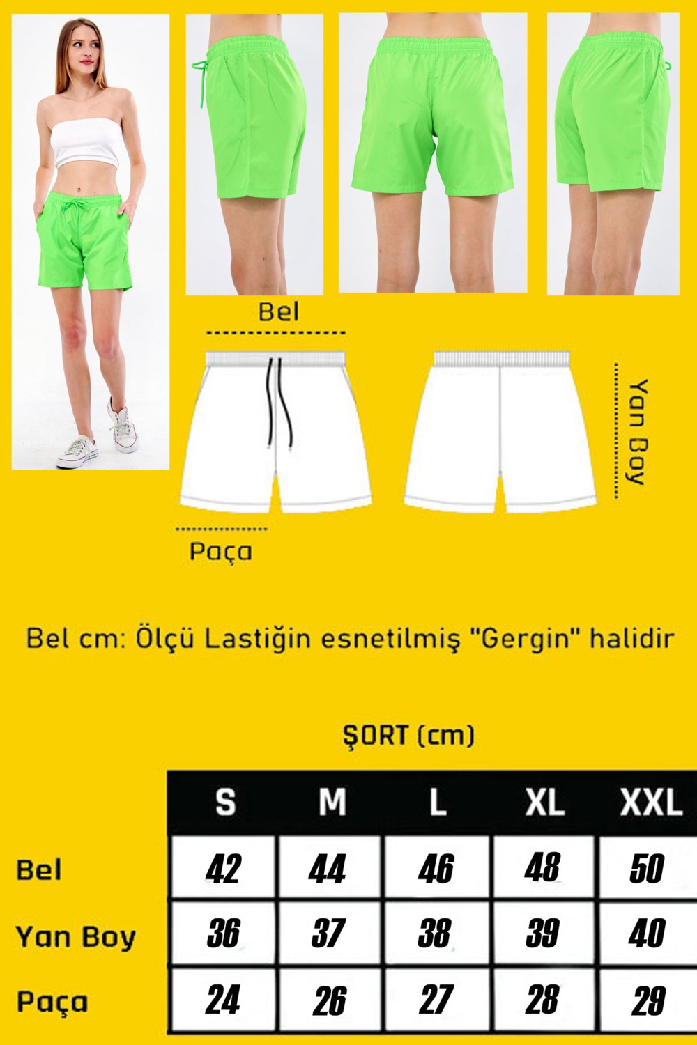 Fantasy Kadın Neon Yeşil Beli Lastikli Cepli Çabuk Kuruma Özellikli Deniz Şortu EDY6110NY görsel 5