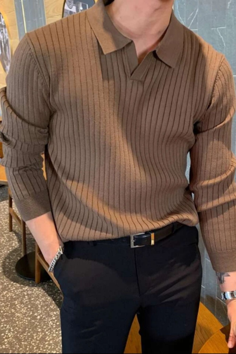Cool Tarz Kahve Erkek Polo Yaka Fitilli Triko Kazak Günlük Stil ile Şık ve Rahat