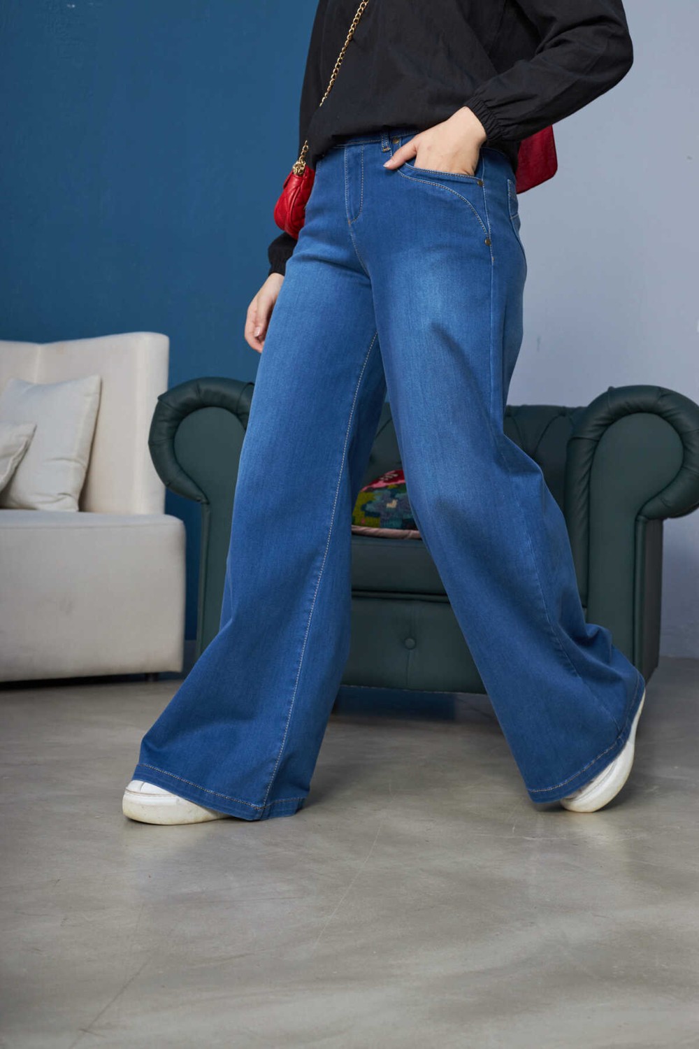 Neways Bol Paça Pantolon Koyu Mavi 1067-DENIM Kadınlar İçin Rahat ve Şık Tasarım görsel 2