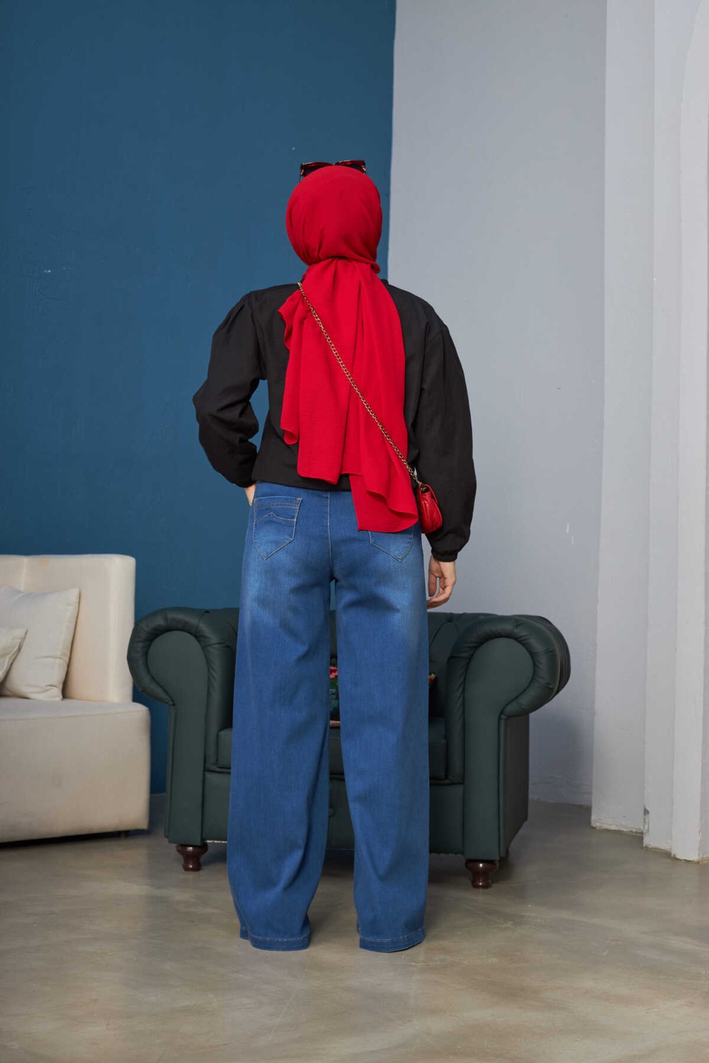 Neways Bol Paça Pantolon Koyu Mavi 1067-DENIM Kadınlar İçin Rahat ve Şık Tasarım görsel 3