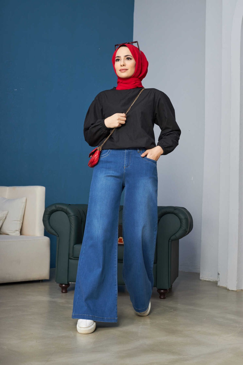 Neways Bol Paça Pantolon Koyu Mavi 1067-DENIM Kadınlar İçin Rahat ve Şık Tasarım görsel 4
