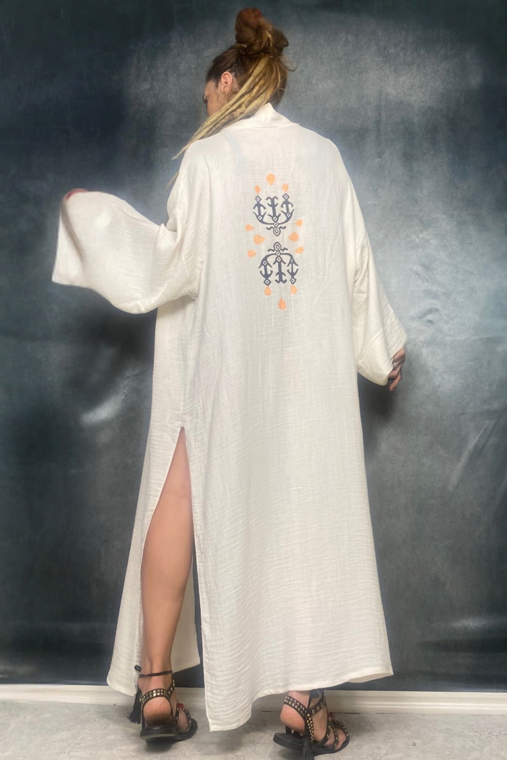 Quincey Taş Baskı Handmade Bambu Kumaş Kimono Plaj