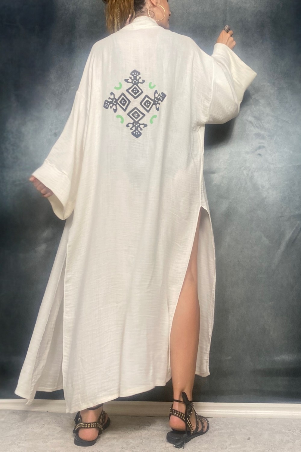 Quincey Taş Baskı Handmade Bambu Kumaş Kimono Plaj