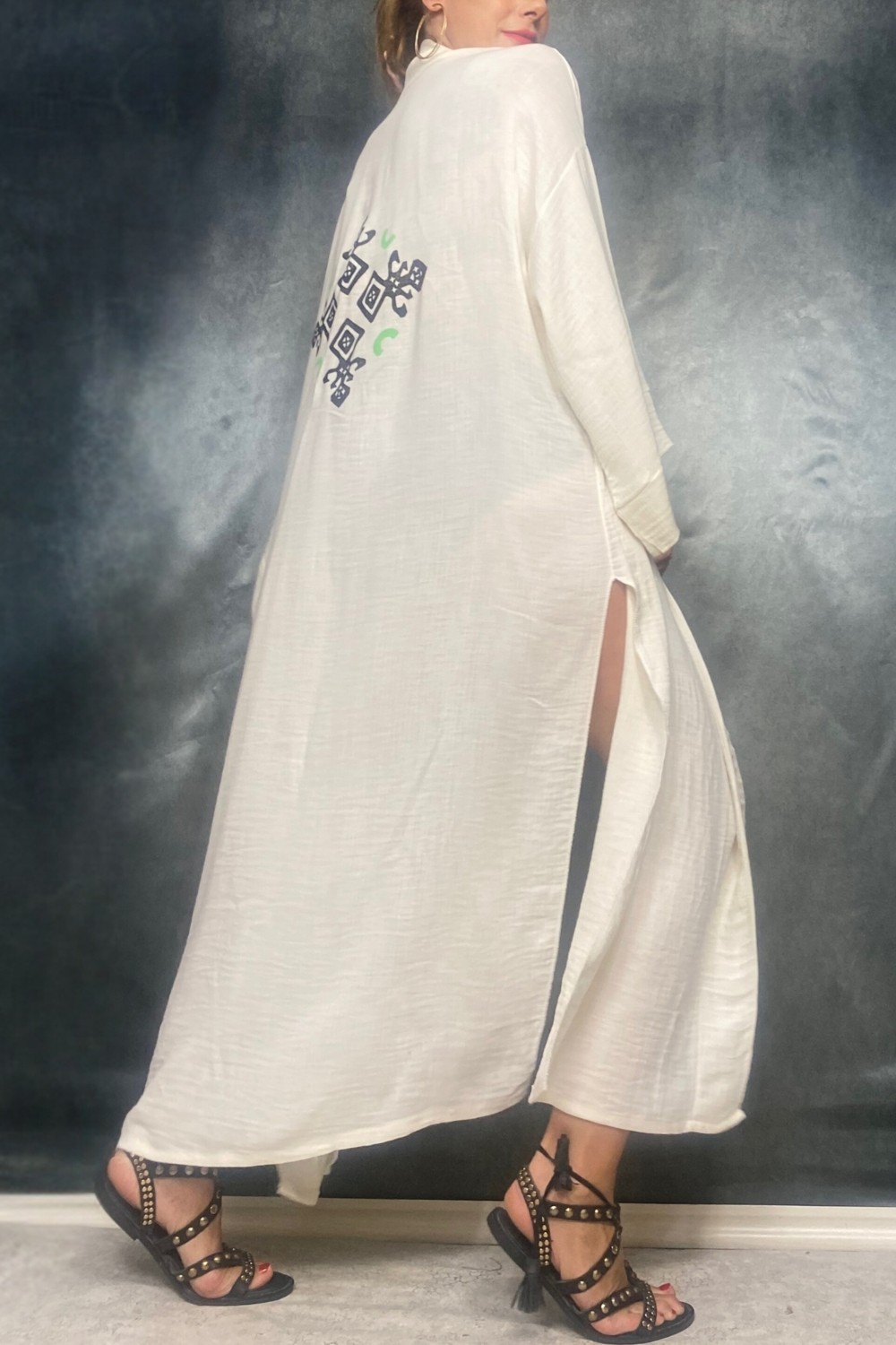 Quincey Taş Baskı Handmade Bambu Kumaş Kimono Plaj görsel 2