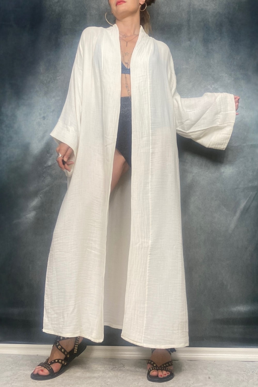 Quincey Taş Baskı Handmade Bambu Kumaş Kimono Plaj görsel 3
