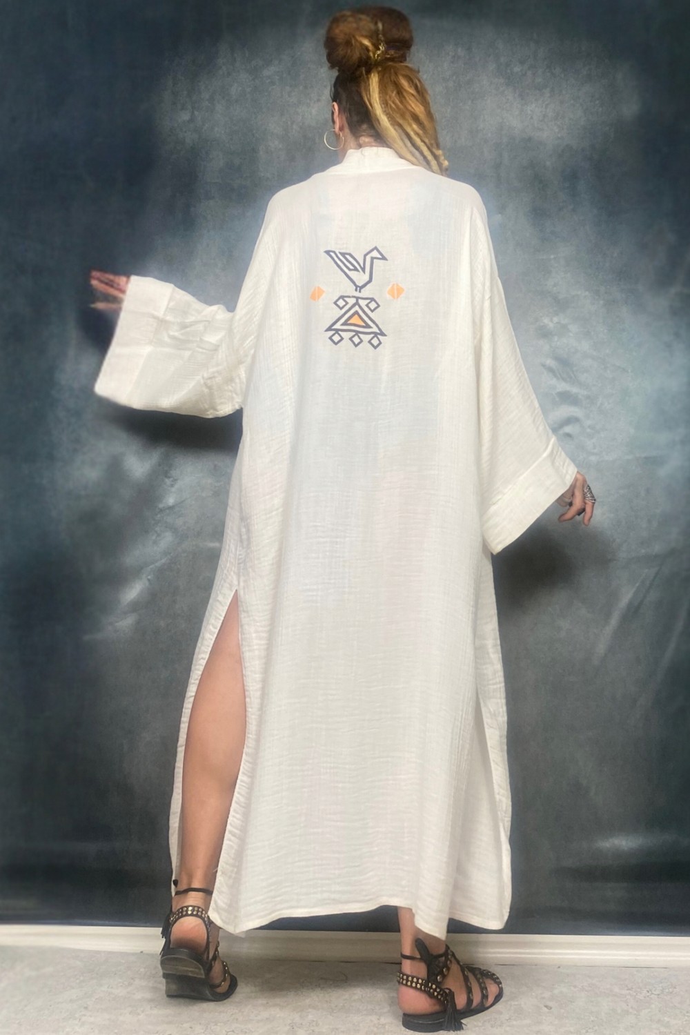 Quincey Taş Baskı Handmade Bambu Kumaş Kimono Plaj