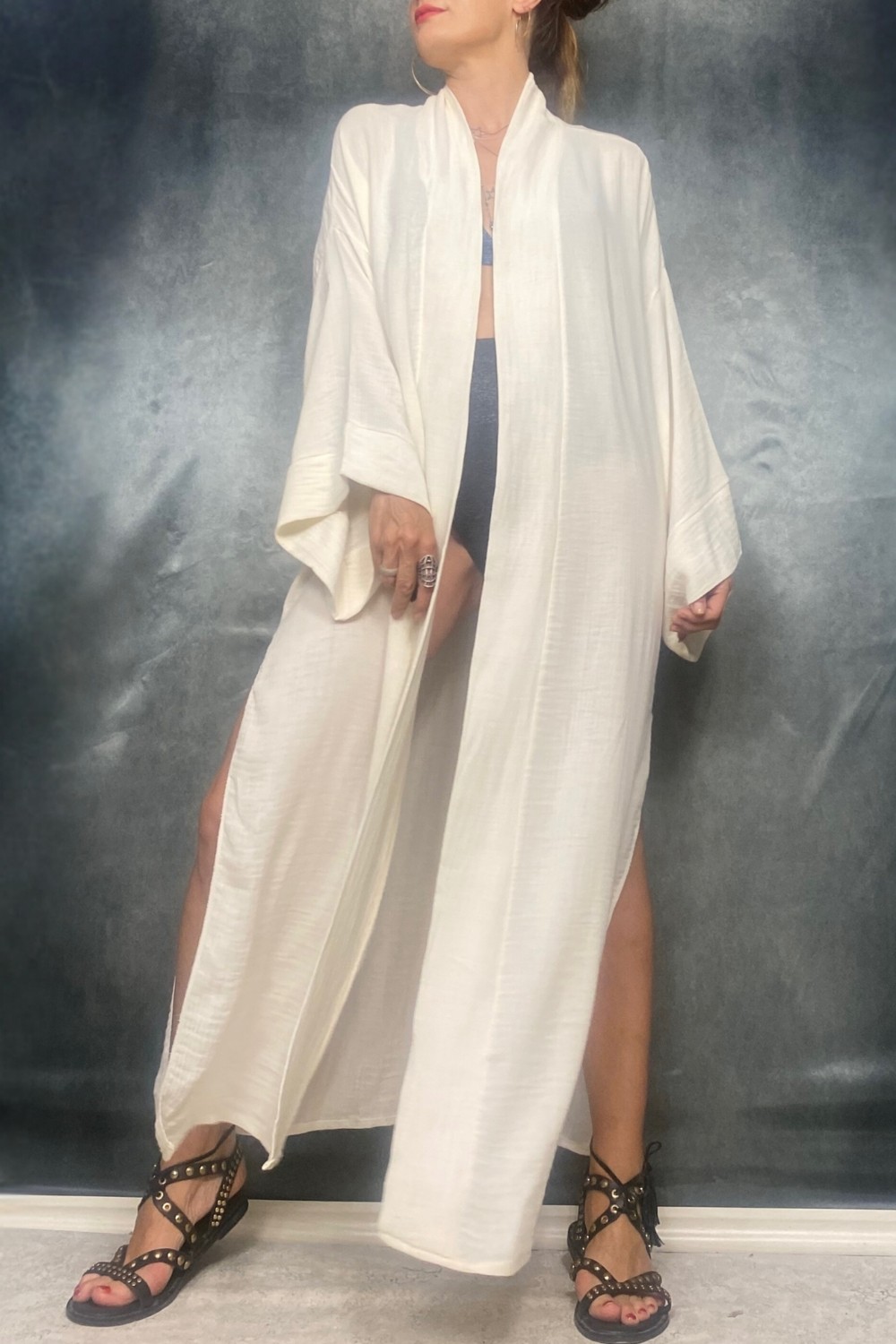 Quincey Taş Baskı Handmade Bambu Kumaş Kimono Plaj görsel 3