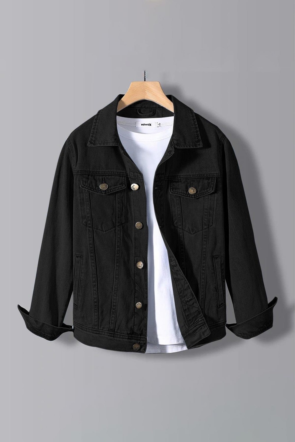 Edwox Erkek Slim Fit Denim Kot Ceket Siyah Gömlek Yaka Cepli Günlük Tarz 2XL