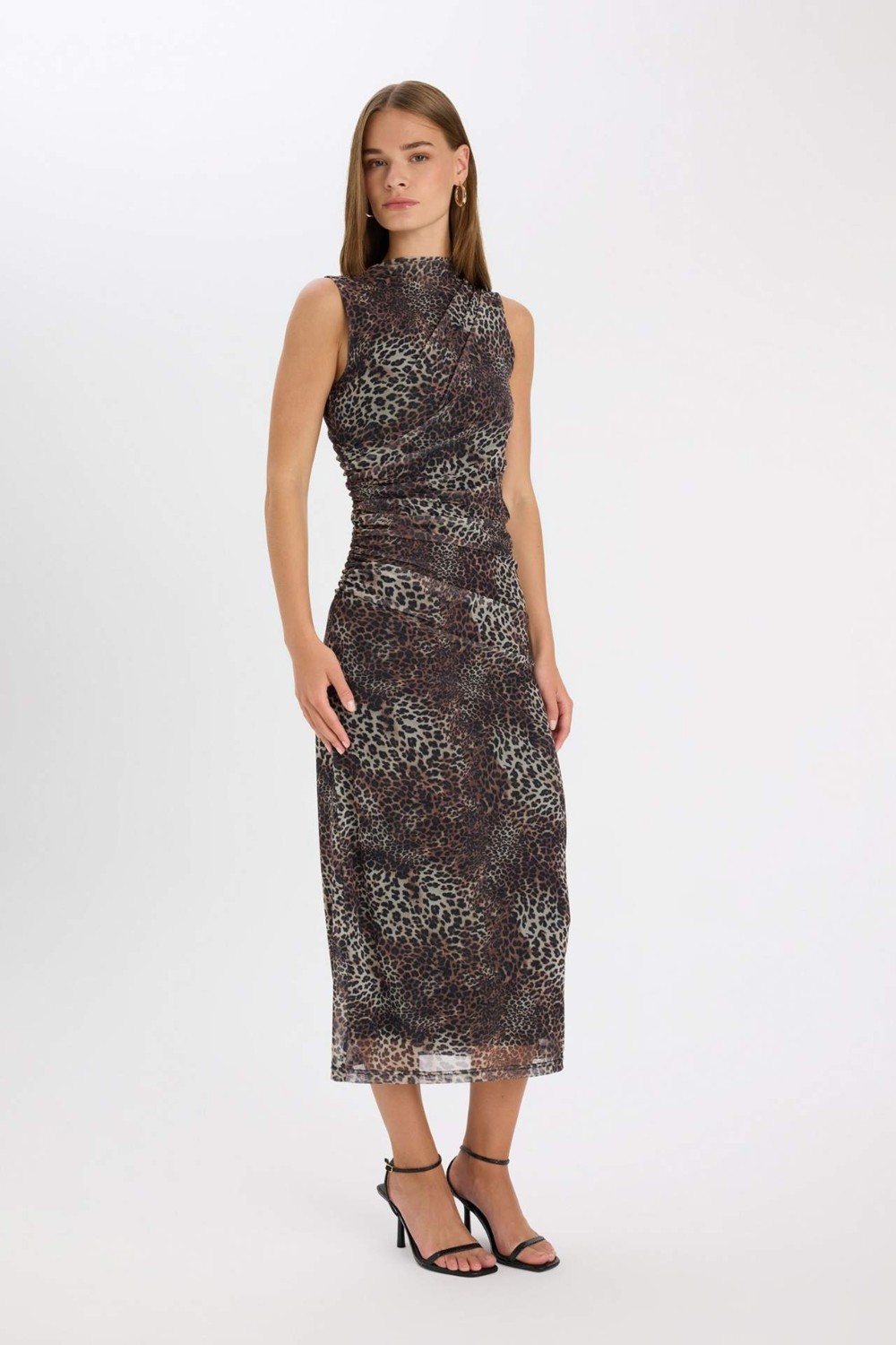 DeFacto Bodycon Vücuda Oturan Bisiklet Yaka Leopar Desenli Tül Kolsuz Maxi Elbise D5061AX24AU görsel 2