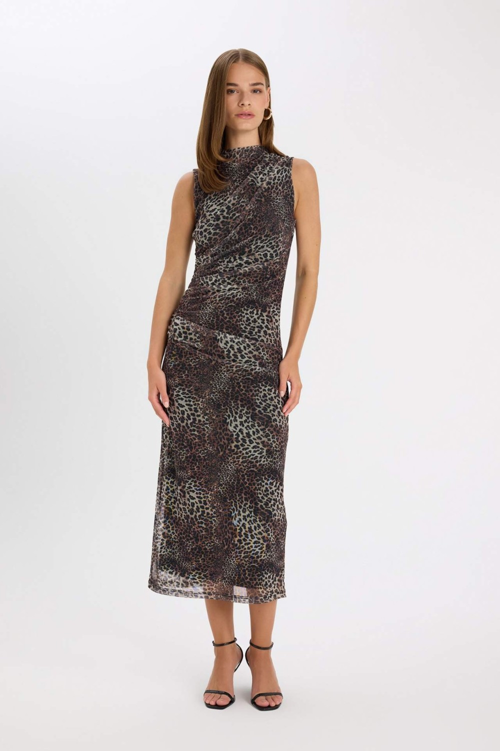 DeFacto Bodycon Vücuda Oturan Bisiklet Yaka Leopar Desenli Tül Kolsuz Maxi Elbise D5061AX24AU
